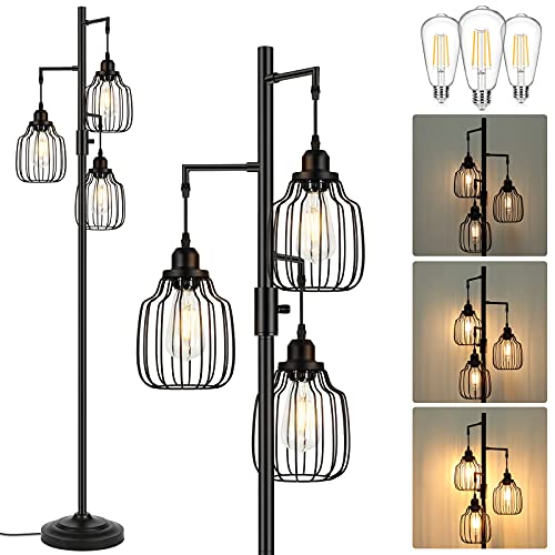 Dimmable Industrial Floor Lamp with 3 LED Edsion Bulbs, Farmhouse Tall Standing Lamp for Living Room, Rustic Black Tree Bright Vintage Pole Light with Cage Shades for Bedroom Home Decor