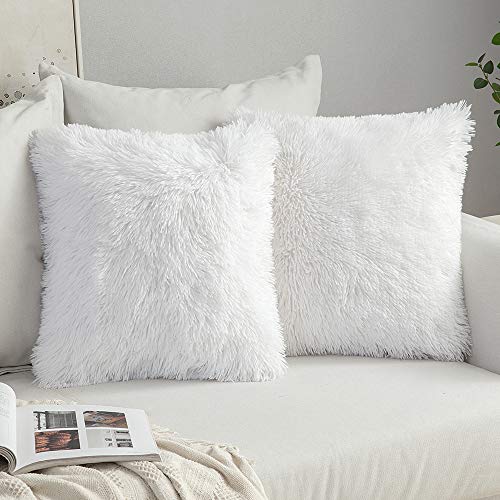 MIULEE Pack of Decoration 2 Luxury Faux Fur Throw Pillow Cover Deluxe Winter Decorative Plush Pillow Case Cushion Cover Shell for Sofa Bedroom Car 20x20 Inch White