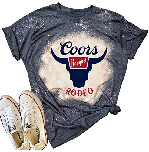 Vintage Bleached Rodeo T-Shirt Women Retro Western Cowgirl Shirt Bull Skull Graphic Tees Casual Short Sleeve Tops (S, Gray)