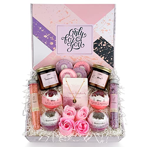Women Spa Gift Basket, 18PCS Birthday Gift for Women from Daughter, Son, Husband, Bath Body Spa Gift for Mother, Friends, Female, Sisters, Rose Lavender Spa Set for Women Who Have Everything