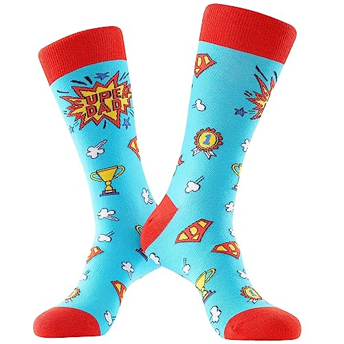 Super Dad Socks Birthday Gifts for Men Best Dad Father’s Day Gift for Him Boyfriend Grandpa Funny Novelty Crazy Socks (1Pair-SuperDad-Blue)