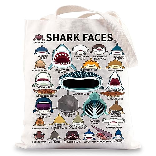 BWWKTOP Shark Face Canvas Tote Bag Shark Lovers Gifts Shark Reusable Grocery Bags Shark Merchandise (Shark Face)