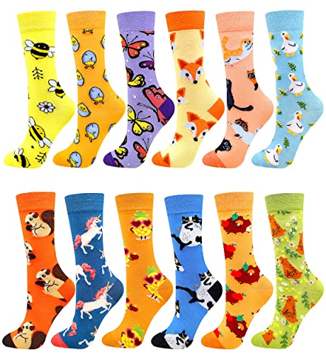 Fasefunn Women's Fun Socks Colorful Funny Novelty Crazy Animal Patterned Socks Crew, Premium Cotton, Size 6-11, 12 Pairs031201