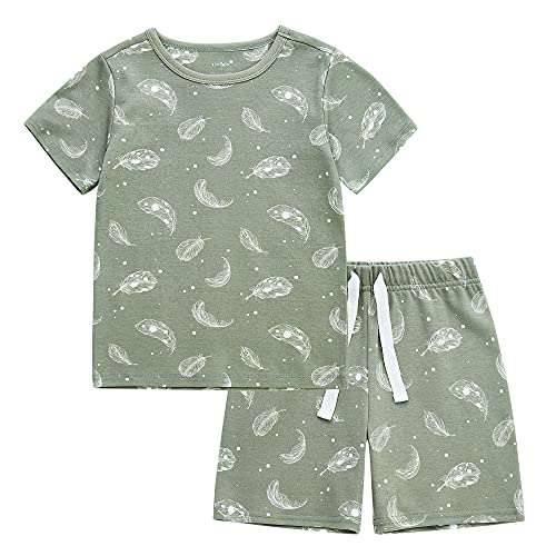 Owlivia Kids Pjs Set, Boys Girls Summer Short-Sleeve Sleepwear, 100% organic cotton Toddler Pajamas(4 Years, Green Feather)
