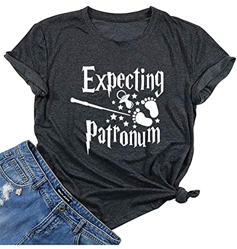 Expecting Patronum Maternity T-Shirt Women Pregnancy Announcement Shirt Funny Letter Print Pregnant Mom Tee Tops (XL, Gray)