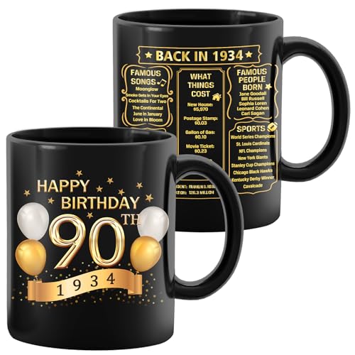 90th Birthday Gifts for Women Men - 1934 Old Time Information - 90th Birthday Mug - 90th Birthday For Her & Him - Unique Funny 90th Bday Gift Idea - Milestone Birthday - 12oz - Black Gold