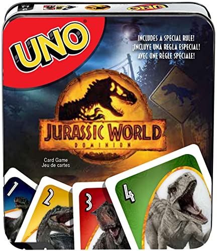 Mattel Games UNO Jurassic World Dominion Card Game, Travel Game in Collectible Storage Tin & Special Rule for 2-10 Players