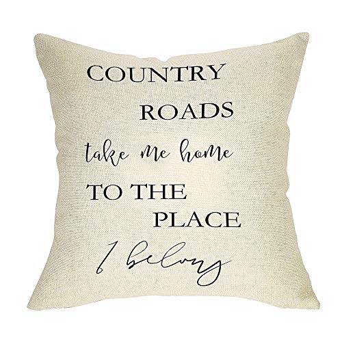 Ussap Country Roads Take Me Home Sign Decorative Throw Pillow Cover, Vintage Quote Rustic Home Farmhouse Decorations, Seasonal Housewarming Gift Cushion Case for Sofa Couch Decor Cotton Linen 18 x 18