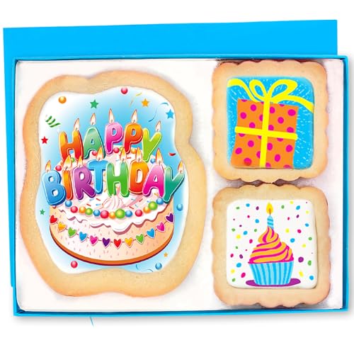 Happy Birthday Cookies Gift Basket For Men, Women, Kids, Boys, Him Decorated Sugar Cookie Gift Box | Nut Free | 3 Pack | Kosher