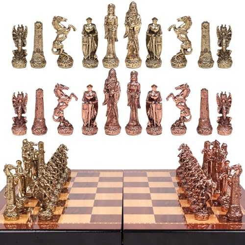 Vintage Figurine Metal Chess Set for Adults and Kids – Wooden Chess Board with Metal Chess Pieces Travel Chess Set with Metal Chessmen – Collectible Elegant Chess Game – Family Vintage Board Game
