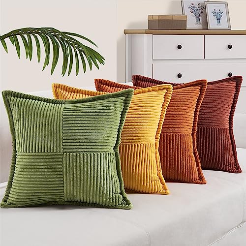 Topfinel Burnt Orange Fall Decorative Throw Pillows Covers 18x18 Inch Set of 4,Rustic Corduroy Striped Splicing Yellow Green Orange Pillowcase Home Decor,Square Cushion Covers for Couch Sofa Bed