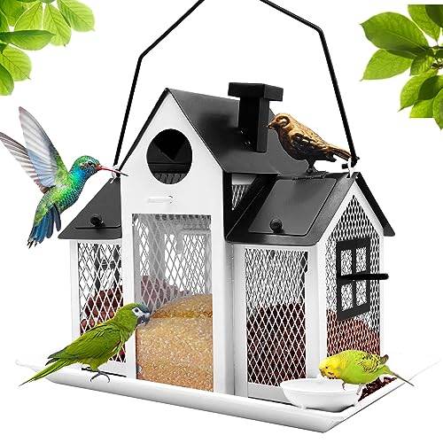 YYWMWM Solar Bird Feeders House for Outside Hanging, Metal Wild Bird Feeder for Outdoors, Large Cardinal Bird Feeder Birdhouses Squirrel Proof (White and Black)