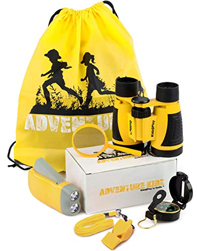 Adventure Kidz Outdoor Exploration Kit, Yellow Backpack, Binoculars, Magnifying Glass, Lensatic Compass, Fox Whistle for Boys and Girls