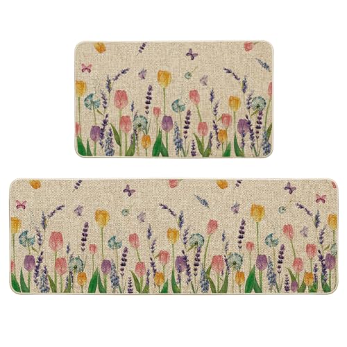Artoid Mode Lavender Tulip Spring Kitchen Mats Set of 2, Seasonal Flower Summer Home Decor Low-Profile Kitchen Rugs for Floor - 17x29 and 17x47 Inch