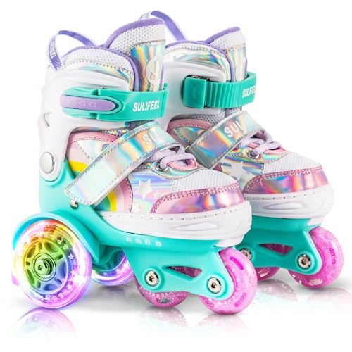 SULIFEEL Rainbow Unicorn 4 Size Adjustable Light up Roller Skates for Girls Boys for Toddler X - Small