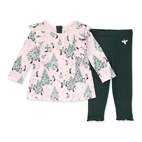 Burt's Bees Baby Baby Girls' Top and Pant Set, Tunic and Leggings Bundle, 100% Organic Cotton, Evergreen Penguins