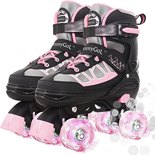 MammyGol Roller Skates for Kids Boys Girls, Adjustable Quad Skates with Light Up Wheels for Toddler Little Kids Ages 6-12 Size 13C 1 2, Beginners Outdoor Sports, Pink
