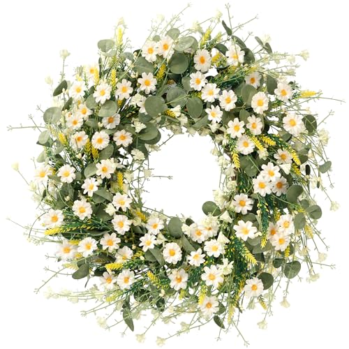 Sggvecsy White Daisy Wreath 24 Inch Spring Summer Wreath Fake Silk Floral Wreath with Green Eucalyptus Leaves and Lavender for Front Door Window Wall Wedding Farmhouse Festival Decor