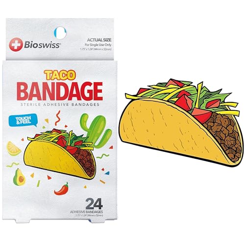 BioSwiss Bandages, Taco Shaped Self Adhesive Bandages, Latex Free Sterile Wound Care, Fun First Aid Kit Supplies for Kids, 24 Count