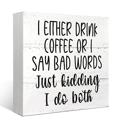 Mtrgdn Funny Coffee Sign, Coffee Bar Accessories Decor, I Either Drink Coffee or I Say Bad Words Wood Box Sign Desk Decor, Wooden Box Block Sign Decorations for Coffee Station Shop Coner Wall Tabletop