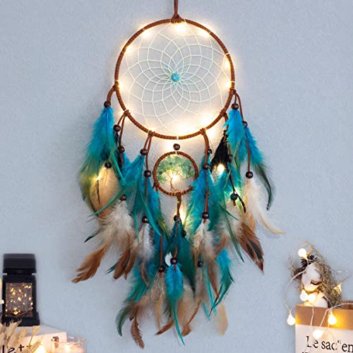 Dream Catcher Blue Tree of Life with Feathers, Mobile LED Fairy Lights Handmade Indians Traditional Circular Net for Wall Hanging Decor, Bedroom Kids, Home Decoration Wedding Party Blessing Gift