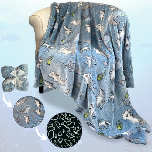 Shark Throw Blanket: Glow in The Dark, Cozy, Soft, Lightweight, Warm, 50' x 60' Fleece Shark Blanket for Boys and Girls with Hammerhead, Mako, Blue, Whale, and Great White Sharks! (Blue)