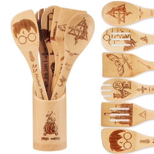 Harry Gifts for Women Kitchen Accessories Wooden Spoons for Cooking Utensils Set 7pcs Magic Wizard Spoon for Wedding&Housewarming-Wooden Spatula for Birthday Gift