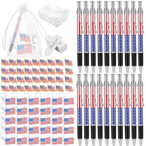 Qilery Veteran American Flag Lapel Pins Ballpoint Pen Independence Day Flag Keychains Thank You Card Organza Gift Bag for Home School Office Valentine's Party Supplies(250 Pcs)