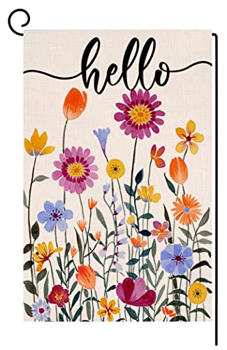 Hello Spring Floral Garden Flag 12x18 Vertical Double Sided Colorful Flowers Summer Farmhouse Holiday Outside Decorations Burlap Yard Flag BW257