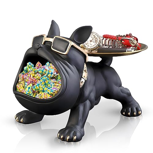 Huhote Resin French Bulldog Tray Statue, Bulldog Candy Dish Key Holder Bowl, French Bulldog Gifts Accessories, Statues For Office Desk Home Decor Figurines Entryway Table Decor (Black)