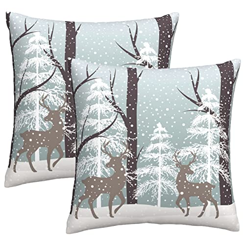Winter Wildlife Deer Pillow Covers 18x18 Inch Christmas Landscape Deers Snow Tree Ivory Gold Throw Pillows Set of 2 Soft Cotton Pillow Case for Home Sofa Bedroom Livingroom Decor