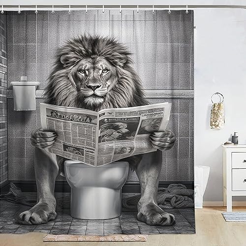 Funny Lion Shower Curtain, Funcy Humor Leo Animal on Toilet Shower Curtains Set, Black and White Shower Curtains, Large Cat Bathroom Curtain with Hooks 72x72 inch
