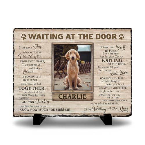 Kilyhome Personalized Dog Memorial White Stone Plaque - Waiting at The Door, Sympathy Gift for Pet Lovers, Changing Colorful Background to Paint Loving Memory, Ideal Cat Mom Gifts