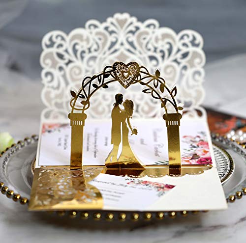 10 Pack 3D Wedding Invitations Anniversary Pop Up Cards with Unique Bride & Groom Holding Hand Design for Bride and Groom in Wedding Party (Gold)