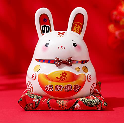 Mose Cafolo Creative Cute Cartoon Rabbit Figures Piggy Bank - Ceramics Chinese Zodiac Rabbit Coin Bank Saving Box, for Girls Boys, Home Office Decor, Gift Box Includ