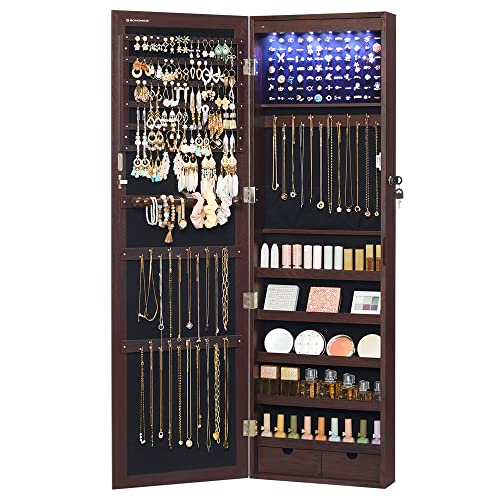 SONGMICS 6 LEDs Mirror Jewelry Cabinet, 47.2-Inch Tall Lockable Wall or Door Mounted Jewelry Armoire Organizer with Mirror, 2 Drawers, 3.9 x 14.6 x 47.2 Inches, Mother's Day Gifts, Brown UJJC93K