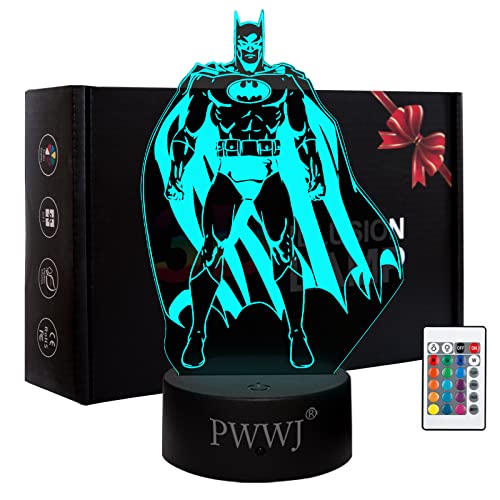 PWWJ 3D Night Light The Batman Action Figure Bedside Table Desk Illusion Lamp Color Changing LED Acrylic RGB Lights for Fans Toys, Kid Bedroom Decor, Birthday, Christmas, New Year Gifts