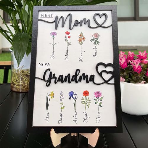 First Mom Now Grandma Customized Birth Month Flower Wooden Plaque, Personalized Mothers Day Gifts, Mother's Day Gift, Gift for Mom, Grandma's Gift, Grandma's Garden Sign