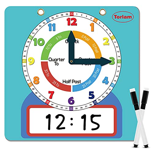 Magnetic Writable Dry Erase Learning Clock | Clock for Kids Learning to Tell Time | Large 12' Demonstration Teaching Time Practice Clock with Dry Erase Writing Surface | Pen Included | (Light Blue)
