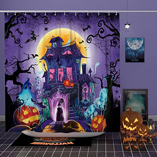 DESIHOM Scary Halloween Shower Curtain Set Waterproof Fabric-72' x 72', Spooky Castle Halloween Decor, Horror Halloween Bathroom Home Indoor Decorations, Halloween Party Gifts Supplies