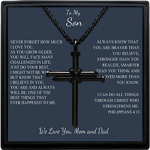MOOGEEN Birthday Graduation Gift to My Son Nail Cross Necklace for Men Religious Bible Verse Black Chain Jewelry Fathers Day Christmas from Mom and Dad