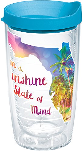 Tervis Florida Sunshine State Of Mind Made in USA Double Walled Insulated Plastic Tumbler Travel Cup Keeps Drinks Cold & Hot, 16oz, Blue Lid