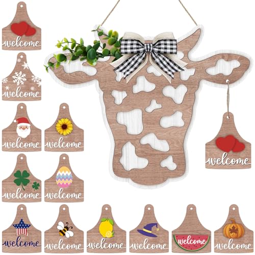 Maitys 13 Pcs Cow Head Door Wreath Sign Welcome Cow Door Hanger Rustic Wooden Cow Decor Hanging Farmhouse Cow Decorations with Buffalo Plaid Bow Artificial Leaves for Front Door (Calf Head Shape)