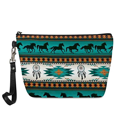 GIFTPUZZ Turquoise Aztec Makeup Bag Native Indian Style Fashion Cosmetic Pouch Toiletry Travel Organizer Horse Printed for Women Girls Travel Casual Handbag Purse