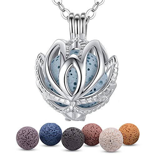 INFUSEU Essential Oil Diffuser Necklace Lotus Flower Pendant for Women Girls Teen Teenager Aromatherapy Jewelry Lava Rock Stone Meditation Gifts for Yoga Instructor Lover Spiritual People Unique