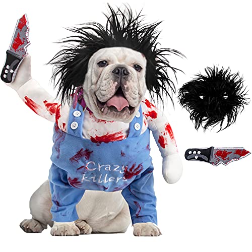 Deadly Dog Clothes Halloween Costumes, Adjustable Cosplay Costume Funny Doll Wig Pug Party Christmas Deadly Costume with Blood Knife