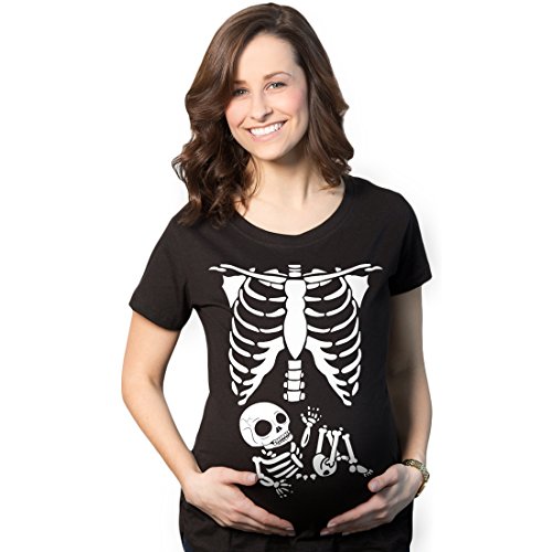 Crazy Dog Womens Maternity T Shirt Skeleton Baby Halloween Costume Tee Pregnancy Announcement Shirts Cute Mother to Be Apparel Black L