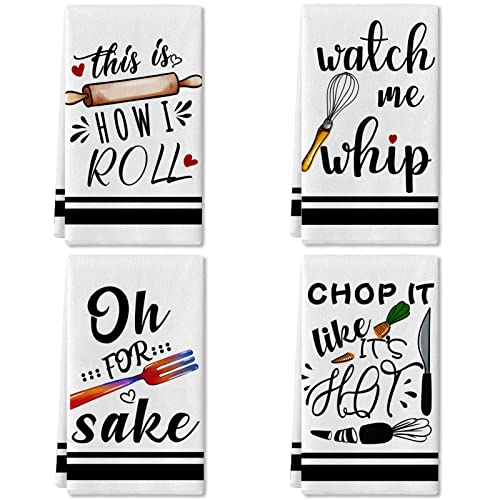 Lebsitey Funny Kitchen Towels and Dishcloths Sets of 4 Kitchen Towels with Sayings Egg Beater Rolling Pin Absorbent Drying Tea Dish Towel for Cooking Baking Home Decorations,18 x 28 Inch