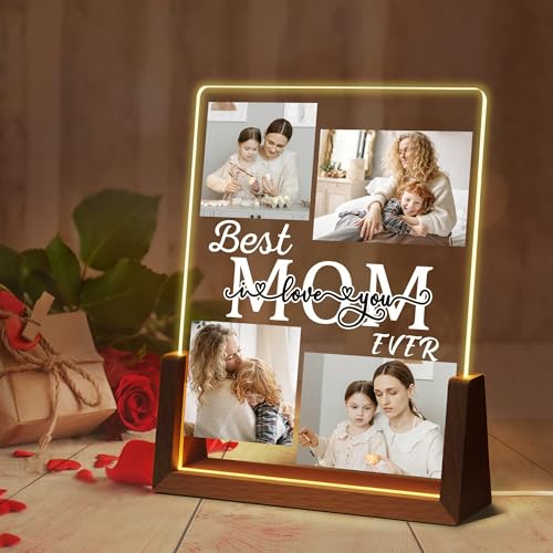 Best Mom Ever Personalized Walnut Picture Frame LED Night Light with Pictures, Mother's Day Birthday Gifts for Mom From Daughter, Custom Acrylic Plaque Printed with Photos, Personalized Gifts for Mom