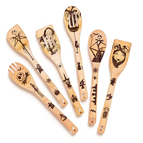 Riveira 6-Piece Wooden Spoons For Cooking & Serving - Nightmare Before Christmas Kitchen Cooking Utensils Set - Gothic Kitchen Cook Set - Nightmare Before Christmas Halloween Decorations